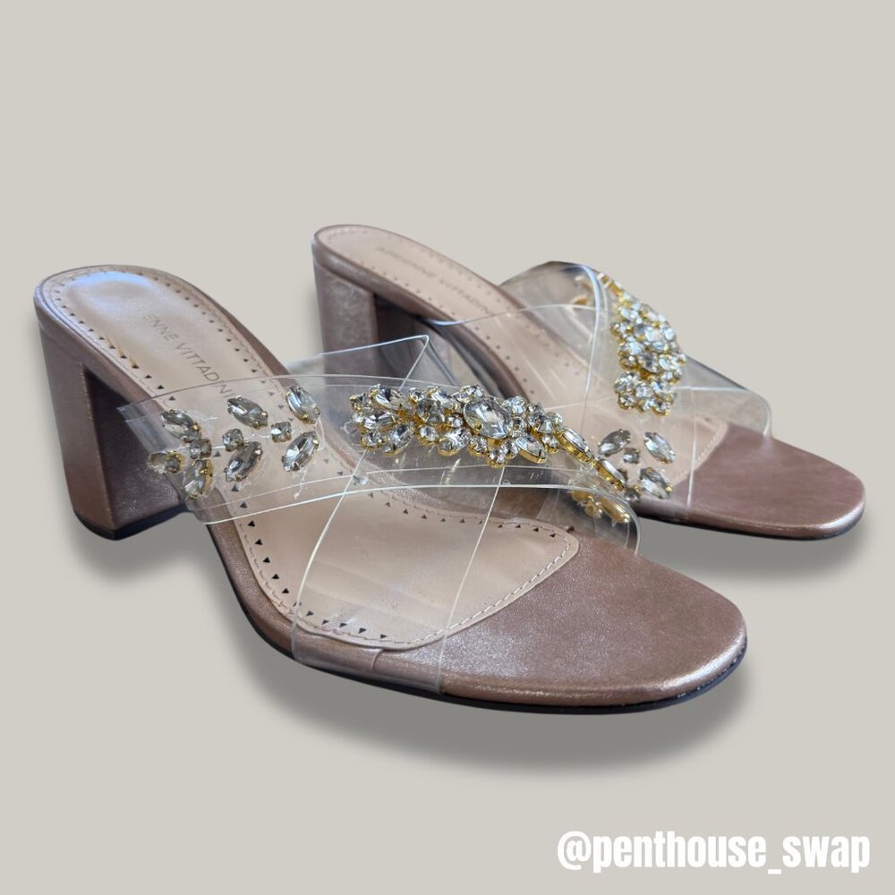 NWOT Adrienne Vittadini Nude Block Heels w/ Clear Straps and Bling, Size 8